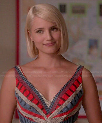 Quinn’s blue and red patterned v-neck dress on Glee