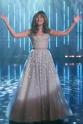 Rachel's floral strapless gown on Glee