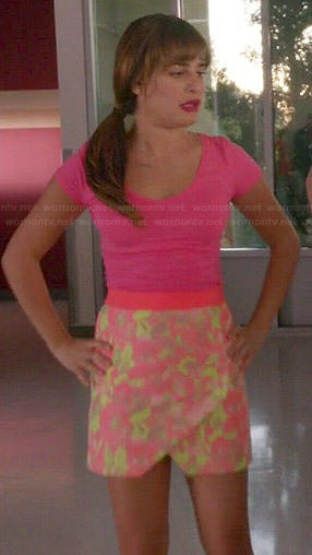 Rachel’s hot pink tee and neon printed wrap skirt on Glee