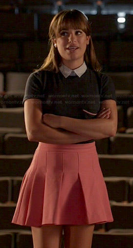 Rachel's navy collared top and pink flared skirt on Glee