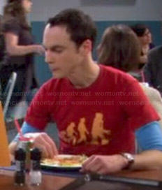 Sheldon’s red robot evolution shirt on The Big Bang Theory