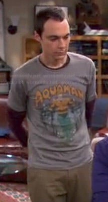 Sheldon's grey Aquaman shirt on The Big Bang Theory