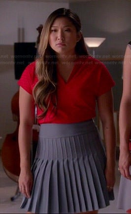Tina’s red v-neck top and blue pleated skirt on Glee