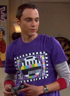 Sheldon's purple test pattern print shirt on The Big Bang Theory