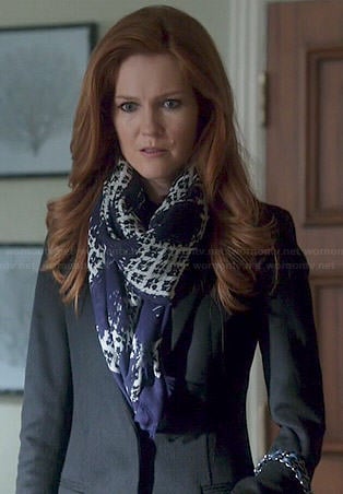 Abby’s blue printed scarf and black coat on Scandal