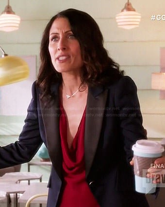 Abby's red cowl neck top and navy blazer on Girlfriends Guide to Divorce