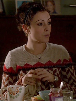 April's brown geometric printed sweater on Chasing Life