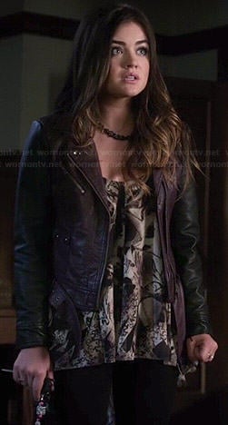 Aria’s abstract printed loose fit cami and purple leather jacket on Pretty Little Liars
