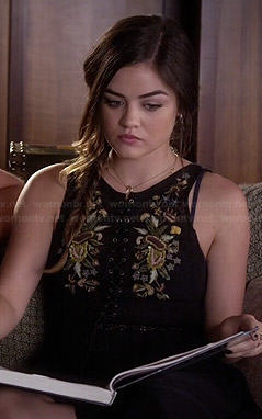 Aria's black floral lace up dress on Pretty Little Liars