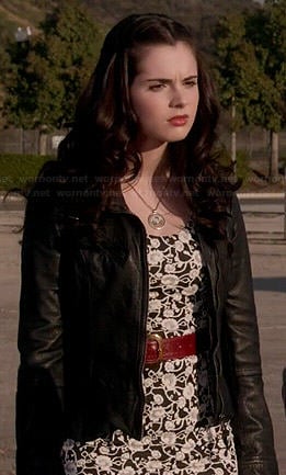 Bay's black and white floral dress and leather jacket on Switched at Birth