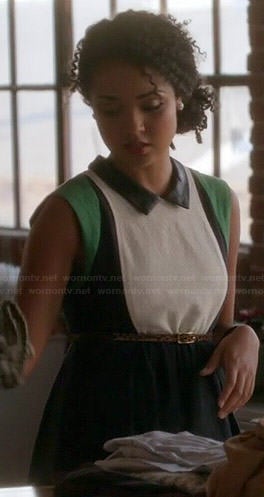 Beth's colorblock dress with green shoulders and leather collar on Chasing Life