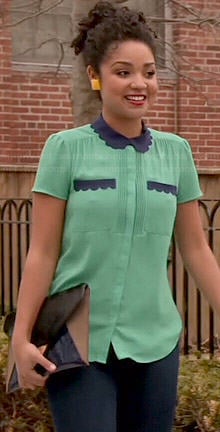 Beth's green top with blue scalloped collar on Chasing Life