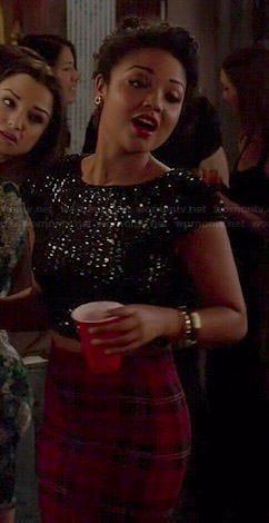 Beth's red plaid skirt and black sequin crop top on Chasing Life