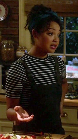 Beth’s striped crop top and black overalls on Chasing Life