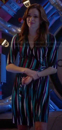 Caitlin's purple and blue printed wrap dress on The Flash