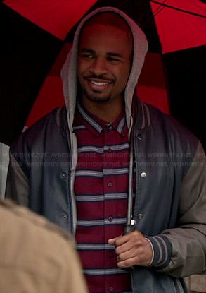 Coach’s red striped shirt and blue leather hoodie on New Girl