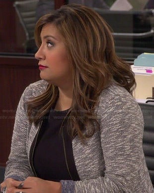 Cristela’s grey heathered zip front jacket on Cristela