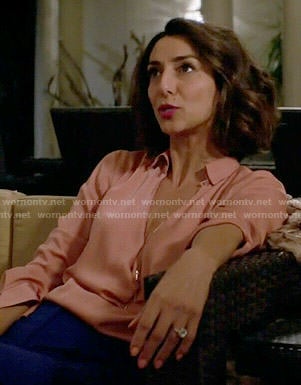 Delia’s pink cowl neck blouse on Girlfriends Guide to Divorce