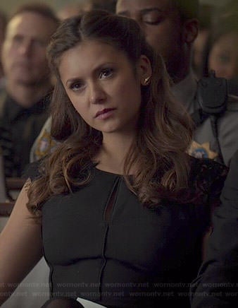 Elena's black lace shoulder dress on The Vampire Diaries