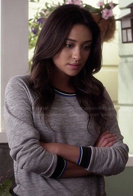 Emily's grey sweatshirt with black and blue trim on Pretty Little Liars