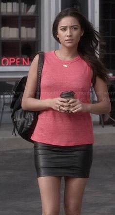 Emily’s red open back tank top and leather skirt on Pretty Little Liars