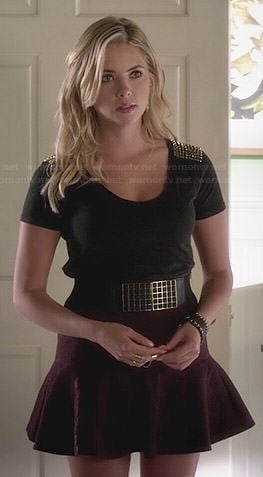 Hanna's black studded shoulder top and burgundy flared skirt on Pretty Little Liars