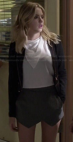 Hanna's white layered top, black zipped blazer and grey skort on Pretty Little Liars