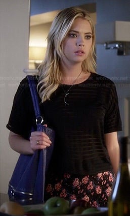 Hanna’s sheer striped cropped tee and floral maxi skirt on Pretty Little Liars
