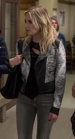 Hanna's textured print jacket with leather shoulders and leather panel top on Pretty Little Liars