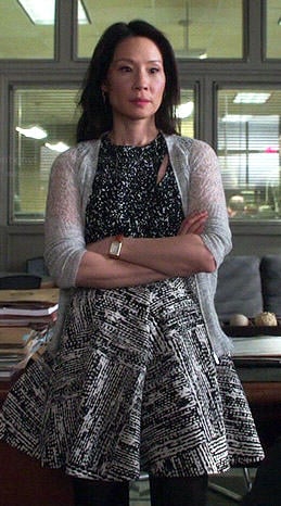 Joan's black and white printed top and skirt on Elementary