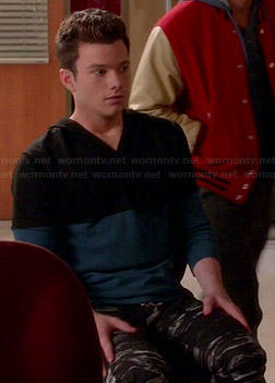 Kurt's blue and black colorblock hoodie and printed pants on Glee
