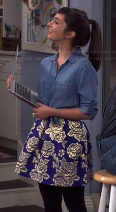 Mandy's denim shirt and blue rose print skirt on Last Man Standing