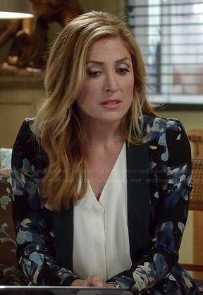 Maura’s black and blue floral print peplum blazer on Rizzoli and Isles