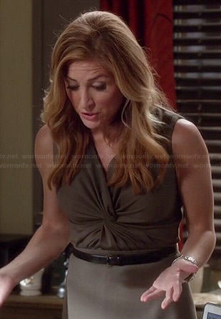 Maura's olive green twist front dress on Rizzoli and Isles