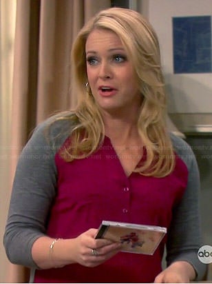 Mel's pink and grey button front top on Melissa and Joey