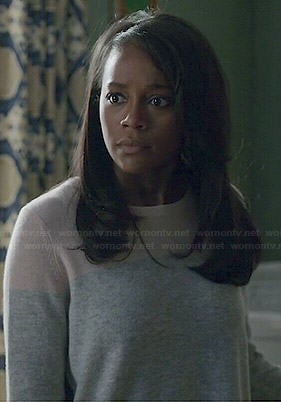 Michaela’s grey colorblock sweater on How to Get Away with Murder