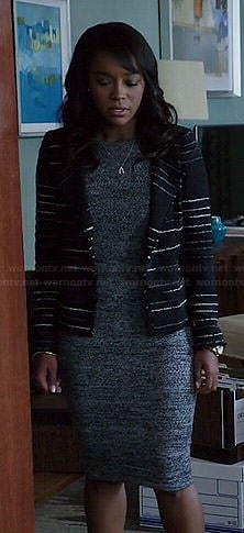 Michaela’s marled knee length dress and black striped jacket on How to Get Away with Murder