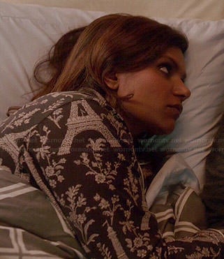 Mindy's black Eiffel Tower print pajamas on The Mindy Project