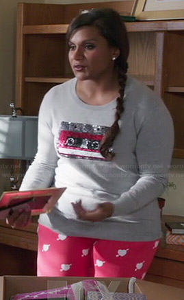Mindy's sequin cassette tape sweater and heart sweatpants on The Mindy Project