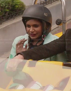 Mindy’s green ombre jacket and blue dotted sweater on The Mindy Project