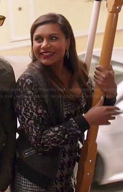 Mindy’s grey houndstooth dress and black lace sleeved jacket on The Mindy Project