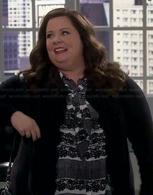 Molly's black and white lace printed neck-tie blouse on Mike and Molly