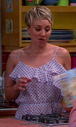 Penny's ruffled polka dot top on The Big Bang Theory