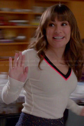 Rachel's white v-neck sweater with neon pink trim on Glee