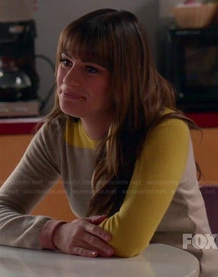 Rachel’s beige and yellow colorblock sweater on Glee