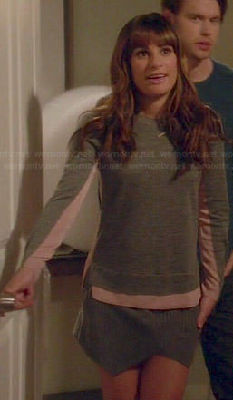 Rachel's grey sweater with pink back and grey pinstriped skort on Glee