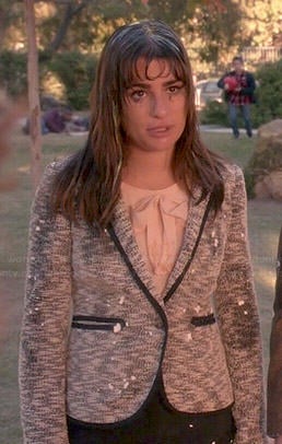 Rachel's grey tweed blazer and pink bow top on Glee