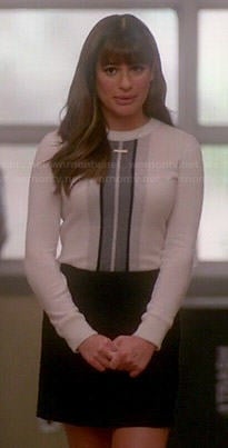 Rachel’s white sweater with grey front stripe on Glee