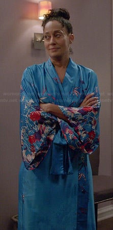 Rainbow’s long blue floral robe on Black-ish