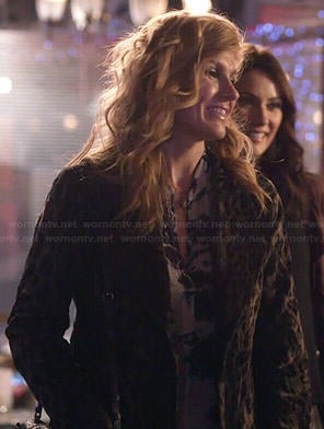 Rayna's tie dyed blouse and leopard print coat on Nashville